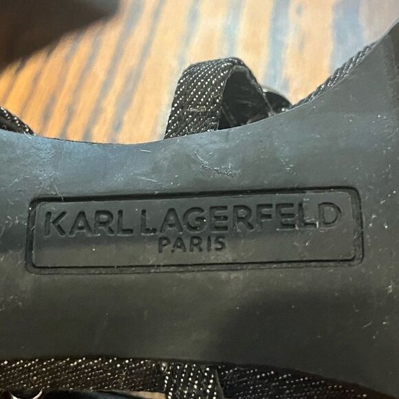 NWOB Karl Lagerfeld Paris Beatriz Crystal Cage Sandal size 6.5 Black Denim 4” - Picture 11 of 12